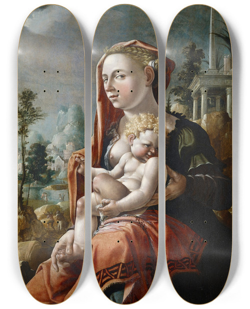 Triptych art skateboard deck of Maarten Van Heemskerck Virgin With Child In Front Of A Landscape by Maarten Van Heemskerck (1498-1574)