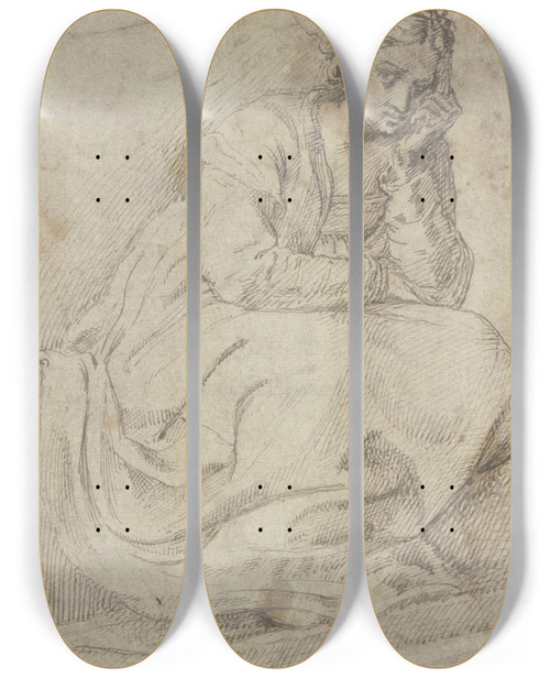 Triptych art skateboard deck of Ludovico Carracci Eine Auf Einer Treppe Sitzende Frau by Ludovico Carracci (1555-1619)