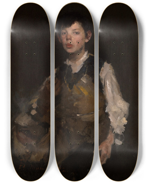 Triptych art skateboard deck of Frank Duveneck The Whistling Boy by Frank Duveneck (1848-1919)