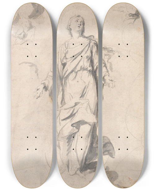 Triptych art skateboard deck of John Baptist Medina The Assumption by John Baptist Medina