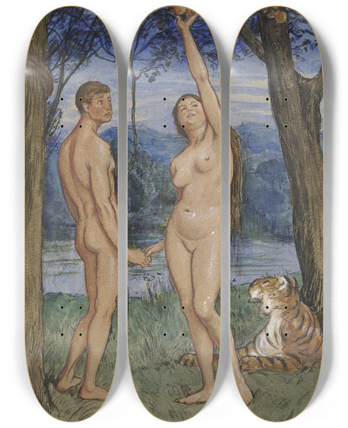 Triptych art skateboard deck of Hans Thoma Adam And Eve_1 by Hans Thoma (1839-1924)
