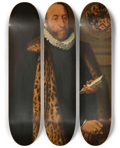 Triptych art skateboard deck of Pieter Pietersz Portrait Of Mattheus Augustijnsz Steyn Councilor In The College Of The Admiralty Of The Northern Quarter In Dokkum by Pieter Pietersz (1540-1603)