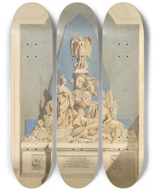 Triptych art skateboard deck of Joseph Francis Nollekens Design For The Three Captains Memorial by Joseph Francis Nollekens (1702-1748)