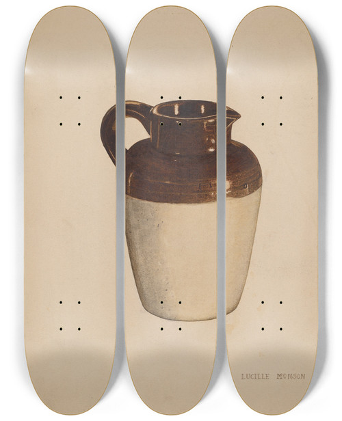 Triptych art skateboard deck of Lucille Manson Crockery Pitcher by Lucille Manson