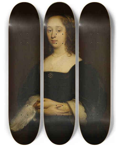 Triptych art skateboard deck of Cornelis Jonson Van Ceulen Portrait Of A Woman_1 by Cornelis Johnson Van Ceulen (1593-1661)
