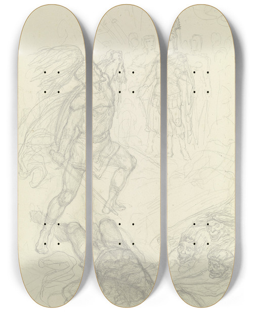 Triptych art skateboard deck of Ferdinand Fellner Macduff Zeigt Macbeths Abgeschlagenen Kopf Und Grt Malcolm Als Den Neuen Knig Von Schottland by Ferdinand Fellner (1799-1859)