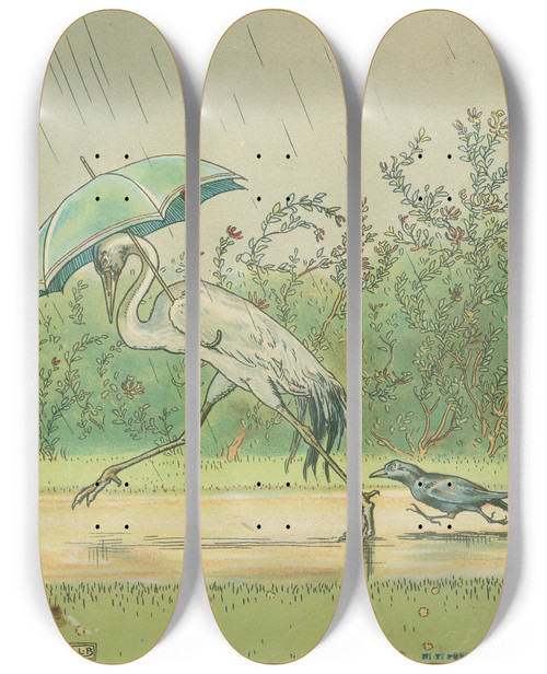 Triptych art skateboard deck of Leonard Leslie Brooke Crane And Crow With An Umbrella by Leonard Leslie Brooke (1862-1940)