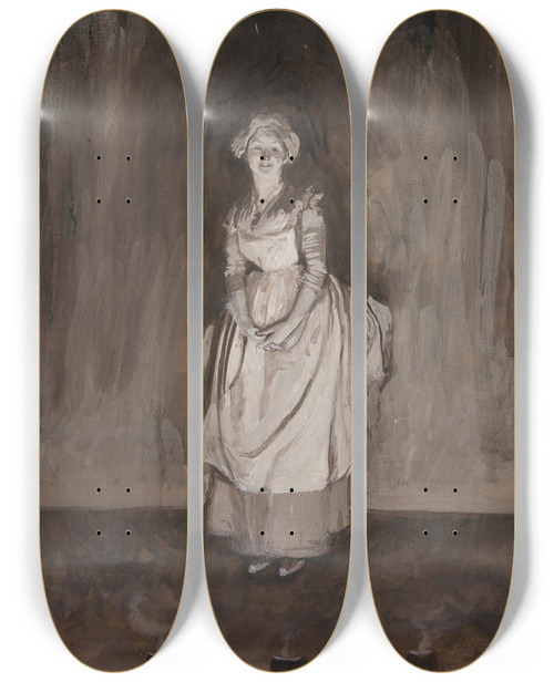 Triptych art skateboard deck of Edwin Austin Abbey Study For Epilogue Illustration For Oliver Goldsmiths She Stoops Toconquer by Edwin Austin Abbey (1852-1911)