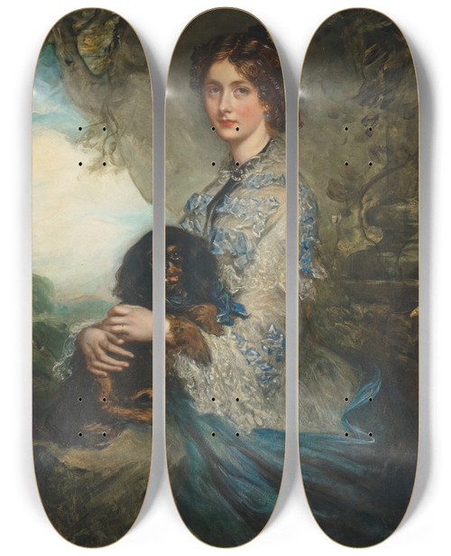 Triptych art skateboard deck of Sir Francis Grant Portrait Of Lady Alice Peel Holding A King Charles Spaniel On Her Lap by Sir Francis Grant (1803-1878)