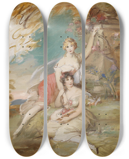 Triptych art skateboard deck of Adolf Pirsch Zwei Grazien In Landschaft by Adolf Pirsch (1858-1929)