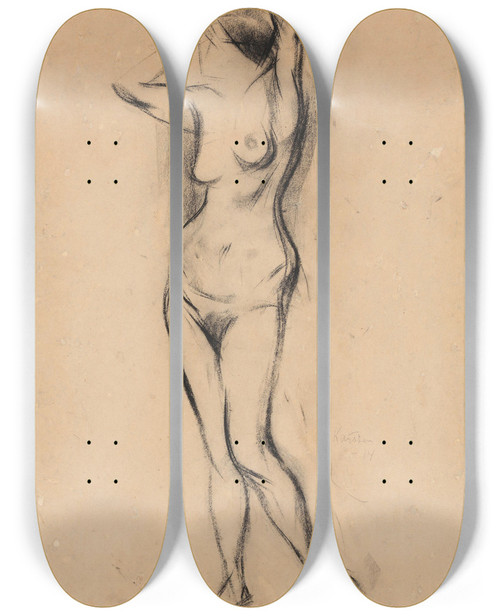 Triptych art skateboard deck of Ludvig Karsten Stende Kvinneakt_2 by Ludvig Karsten (1876-1926)