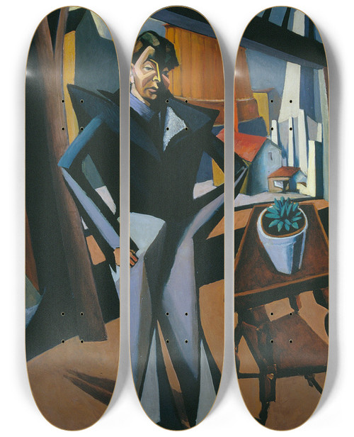 Triptych art skateboard deck of Lajos Tihanyi Man Standing At A Window by Lajos Tihanyi (1885-1938)