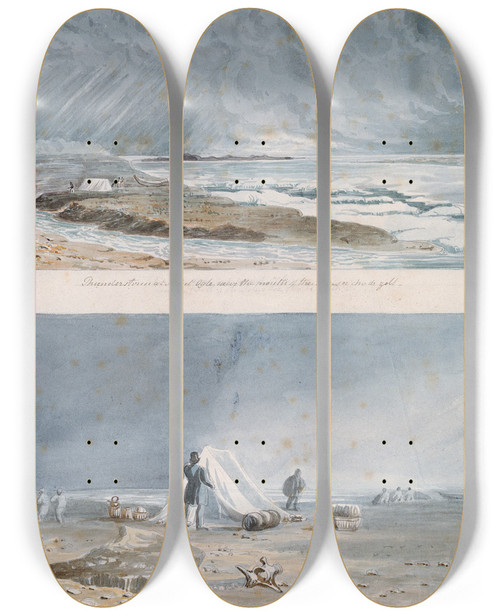 Triptych art skateboard deck of Charles Hamilton Smith Thunderstorm At Point Ogle Near The Mouth Of The Thlewechodyeth And Western View Near Mount Barrow During A Fog by Charles Hamilton Smith (1776-1859)