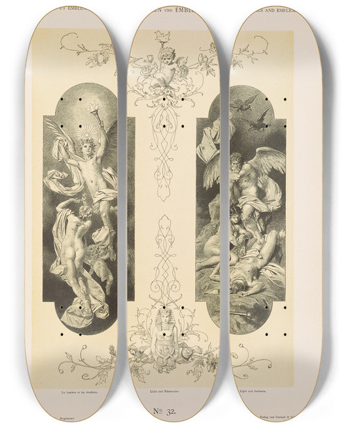 Triptych art skateboard deck of Albert Ilg Allegorien Und Embleme Vol I Pl034 by Albert Ilg (1847-1896)