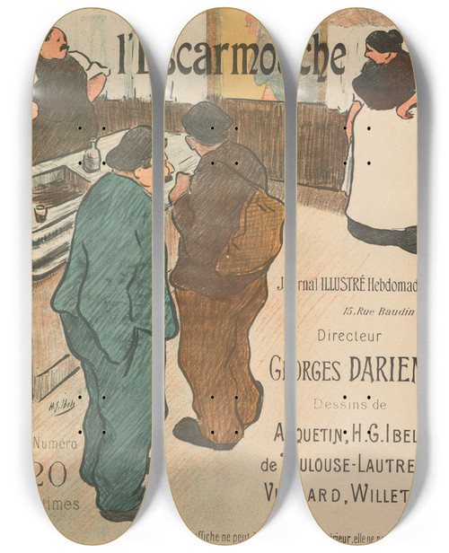 Triptych art skateboard deck of Henrigabriel Ibels Illustration For Lescarmouche by Henri-Gabriel Ibels (1867-1936)