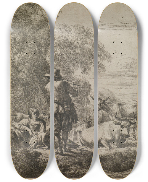 Triptych art skateboard deck of Nicolaes Pietersz Berchem The Shepherd Playing The Flute by Nicolaes Pietersz Berchem (1620-1683)