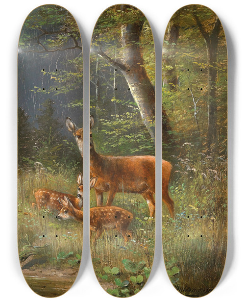 Triptych art skateboard deck of Moritz Mller A Family Of Red Deer In A Forest Glade by Moritz Melzer (1841-1899)