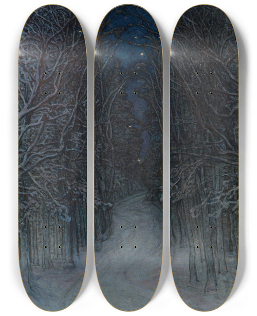 Triptych art skateboard deck of Otto Hesselbom Winter Night In The Forest by Otto Hesselbom (1848-1913)