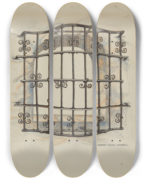 Triptych art skateboard deck of Harry Mann Waddell Iron Grille At Window Restoration Drawing by Harry Mann Waddell (1876-1956)