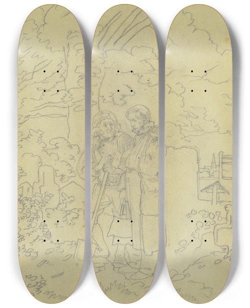 Triptych art skateboard deck of Jakob Becker Ein Soldat Mit Dem Arm In Einer Schlinge Auf Dem Friedhof Im Gesprch Mit Einem Totengrber by Jakob Becker (1810-1872)