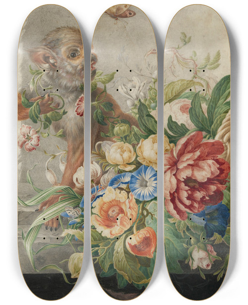Triptych art skateboard deck of Herman Henstenburgh A Basket With Flowers In A Stone Niche With A Monkey And A Butterfly by Herman Henstenburgh (1667-1726)