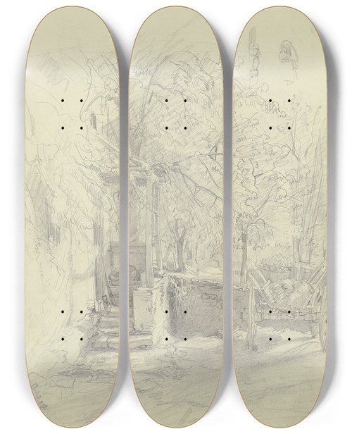 Triptych art skateboard deck of Jakob Frchtegott Dielmann Bauernhof Links Fhrt Eine Bedeckte Treppe Ins Haus Rechts Steht Ein Wagen Im Hintergrund Bume by Jakob Furchtegott Dielmann (1809-1885)