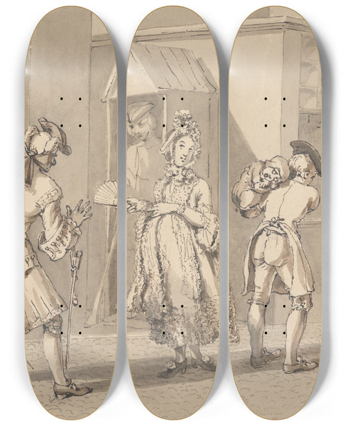 Triptych art skateboard deck of John Thomas Smith Hogarth Carrying His Masters Sick Child Round Leicester Fields The Spot Of Ground Leicester House by John Thomas Smith (1766-1833)