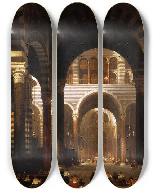 Triptych art skateboard deck of David Roberts Interior Of The Cathedral Pisa by David Roberts (1796-1864)