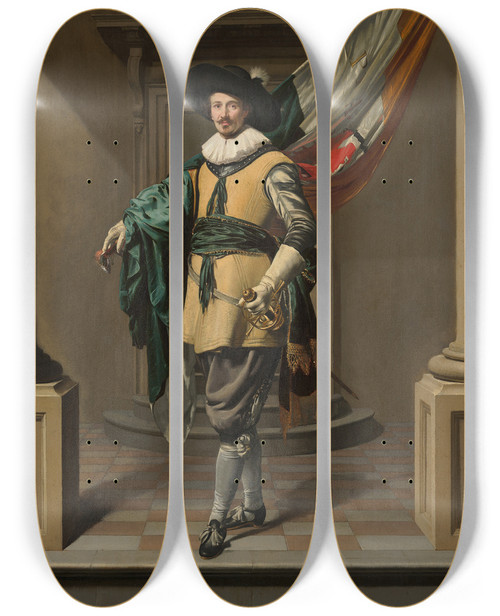 Triptych art skateboard deck of Thomas De Keyser Portrait Of Loef Vredericx 15901668 As An Ensign by Thomas de Keyser (1596-1667)