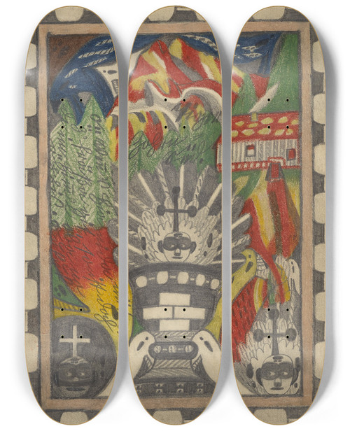 Triptych art skateboard deck of Adolf Wlfli Tigerzohrnriesengletscherhochalpstok In Nordwestindien by Adolf Wolfli (1864-1930)