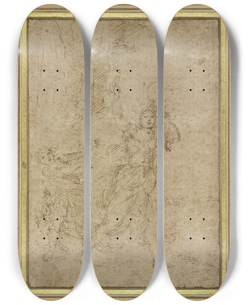 Triptych art skateboard deck of Ludovico Carracci Eine Frau La Pazza Mit Sonderbarem Kopfputz Flieht Vor Zwei Verfolgern by Ludovico Carracci (1555-1619)