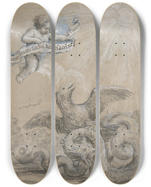 Triptych art skateboard deck of Pietro Da Cortona Design With An Eagle Fighting With A Serpent And A Putto In The Sky Holding An Inscribed Banner by Pietro da Cortona (1596-1669)