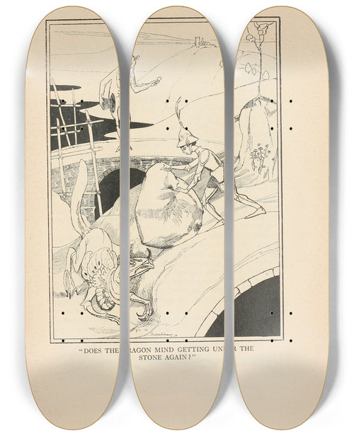 Triptych art skateboard deck of Jean De Bosschre Does The Dragon Mind Getting Under The Stone Again by Jean de Bosschre (1878-1953)