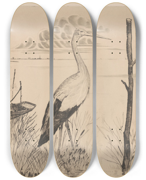 Triptych art skateboard deck of Lodewijk Schelfhout Ooievaar Aan Een Oever by Lodewijk Schelfhout (1881-1943)