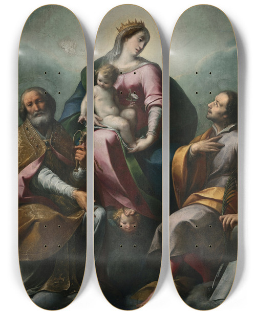 Triptych art skateboard deck of Carlo Francesco Nuvolone Madonna And Child With Saints by Carlo Francesco Nuvolone (1609-1662)