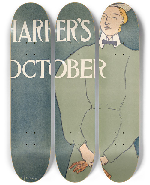 Triptych art skateboard deck of Edward Penfield Harpers October_4 by Edward Penfield (1866-1925)
