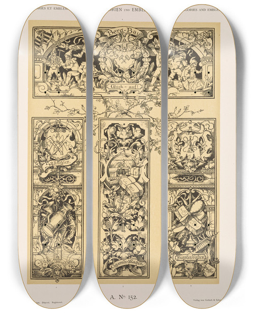 Triptych art skateboard deck of Albert Ilg Allegorien Und Embleme Vol Ii Pl163 by Albert Ilg (1847-1896)