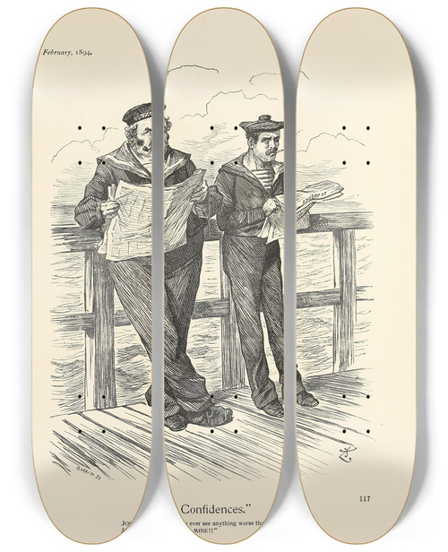 Triptych art skateboard deck of Sir John Tenniel Confidences by Sir John Tenniel (1820-1914)
