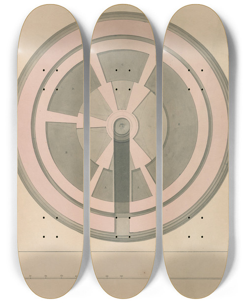 Triptych art skateboard deck of David Humbert De Superville Plan Of A Round Building The Pinacotheca For Schematic Painting by David Humbert De Superville (1770-1849)