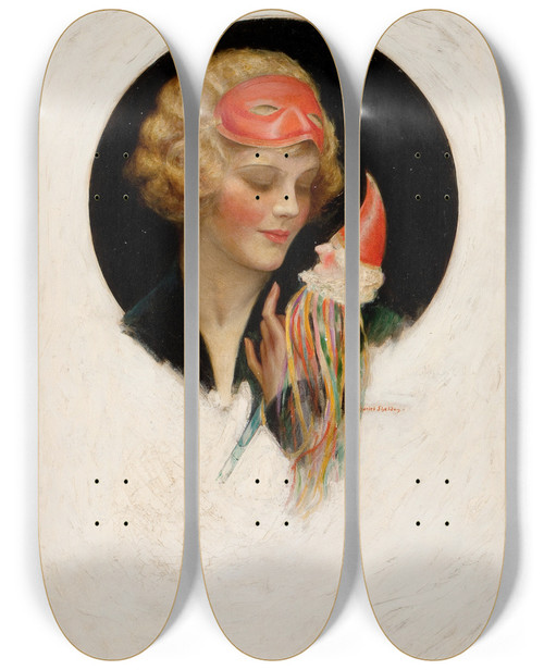 Triptych art skateboard deck of Charles Gates Sheldon Lady With Puppet by Charles Gates Sheldon (1889-1961)