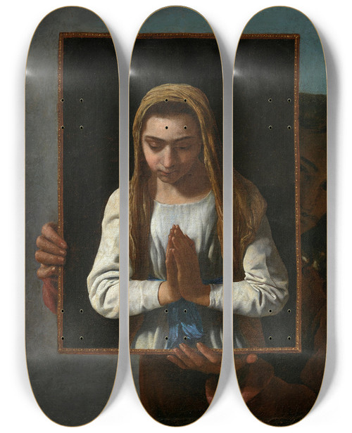 Triptych art skateboard deck of Michael Sweerts A Portrait Of The Artist Presenting The Virgin In Prayer by Michael Sweerts (1618-1664)