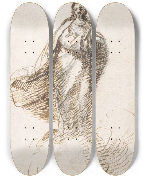 Triptych art skateboard deck of Pedro Duque Y Cornejo Virgin Of The Immaculate Conception Standing On Clouds_5 by Pedro Duque Y Cornejo (1677-1757)