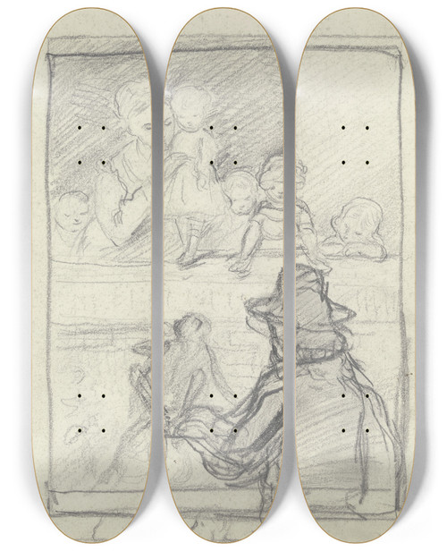 Triptych art skateboard deck of Otto Scholderer Leierkastenmann Mit Affe Vor Zuschauern by Otto Scholderer (1834-1902)