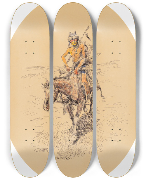Triptych art skateboard deck of Charles Marion Russell Assiniboine Warrior by Charles Marion Russell (1864-1926)