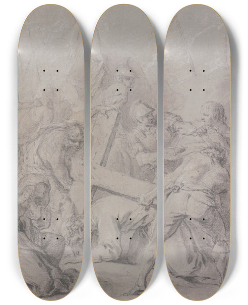 Triptych art skateboard deck of Pierre Subleyras Bearing Of The Cros by Pierre Subleyras (1699-1749)