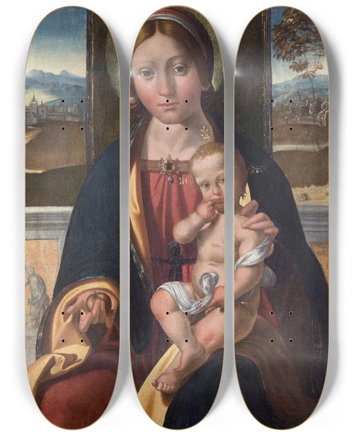 Triptych art skateboard deck of Benvenuto Tisi The Virgin And Child by Benvenuto Tisi (1481-1559)