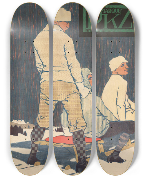 Triptych art skateboard deck of Burkhard Mangold Marque Pkz by Burkhard Mangold (1873-1950)