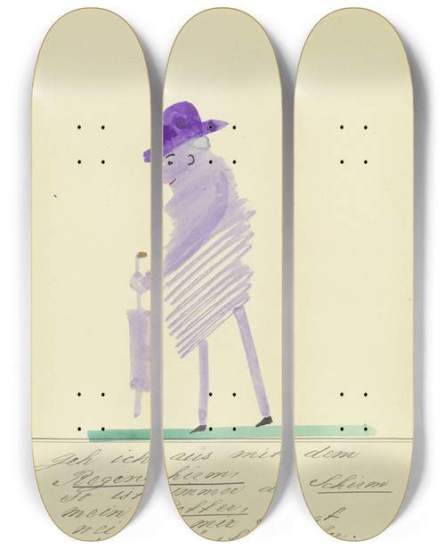 Triptych art skateboard deck of John Elsas Geh Ich Aus Mit Dem Regenschirm by John Elsas (1851-1935)