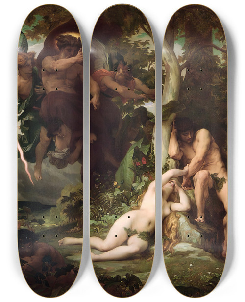 Triptych art skateboard deck of Alexandre Cabanel The Expulsion Of Adam And Eve From The Garden Of Paradise by Alexandre Cabanel (1823-1889)
