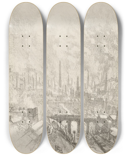 Triptych art skateboard deck of Joseph Pennell Munitions City No 1 by Joseph Pennell (1857-1926)